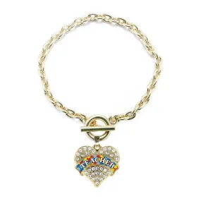 Gold Autism Teacher Pave Heart Charm Toggle Bracelet