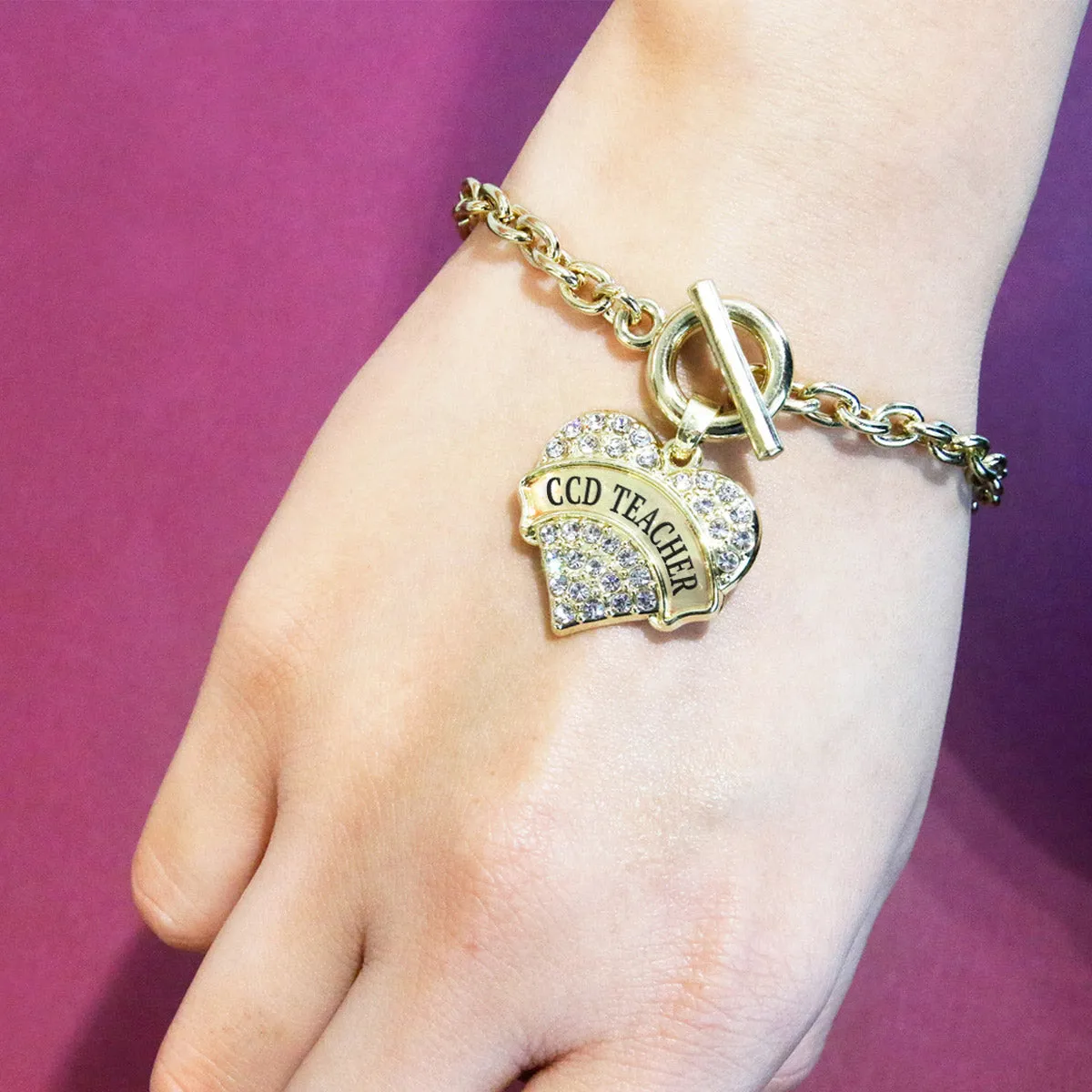 Gold CCD Teacher Pave Heart Charm Toggle Bracelet