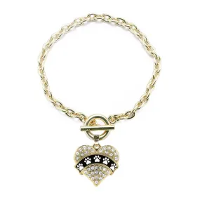 Gold Cute Paw Prints Pave Heart Charm Toggle Bracelet