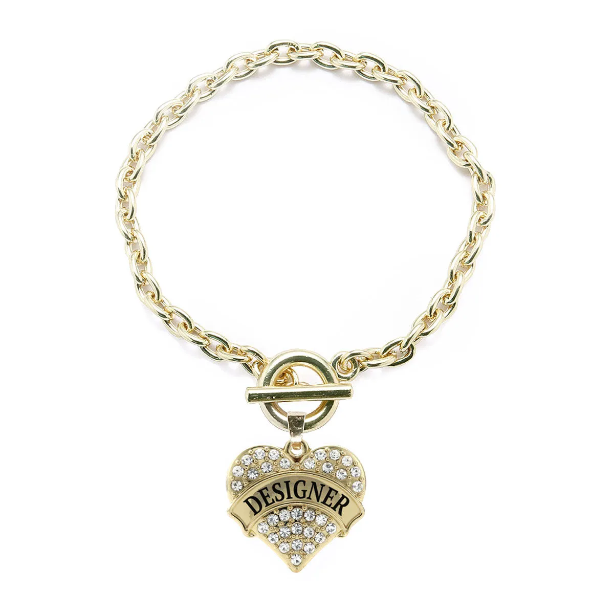 Gold Designer Pave Heart Charm Toggle Bracelet