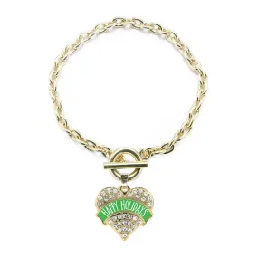 Gold Green Banner Happy Holidays Pave Heart Charm Toggle Bracelet