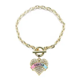 Gold Light Blue & Light Pink Ribbon Fighter Pave Heart Charm Toggle Bracelet