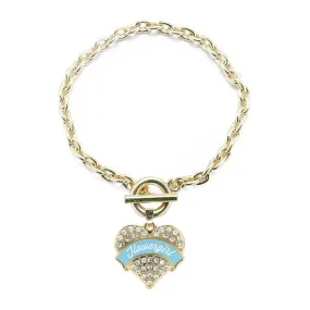 Gold Light Blue Flower Girl Pave Heart Charm Toggle Bracelet