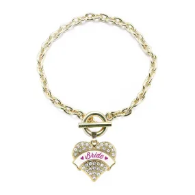 Gold Magenta Bride Pave Heart Charm Toggle Bracelet