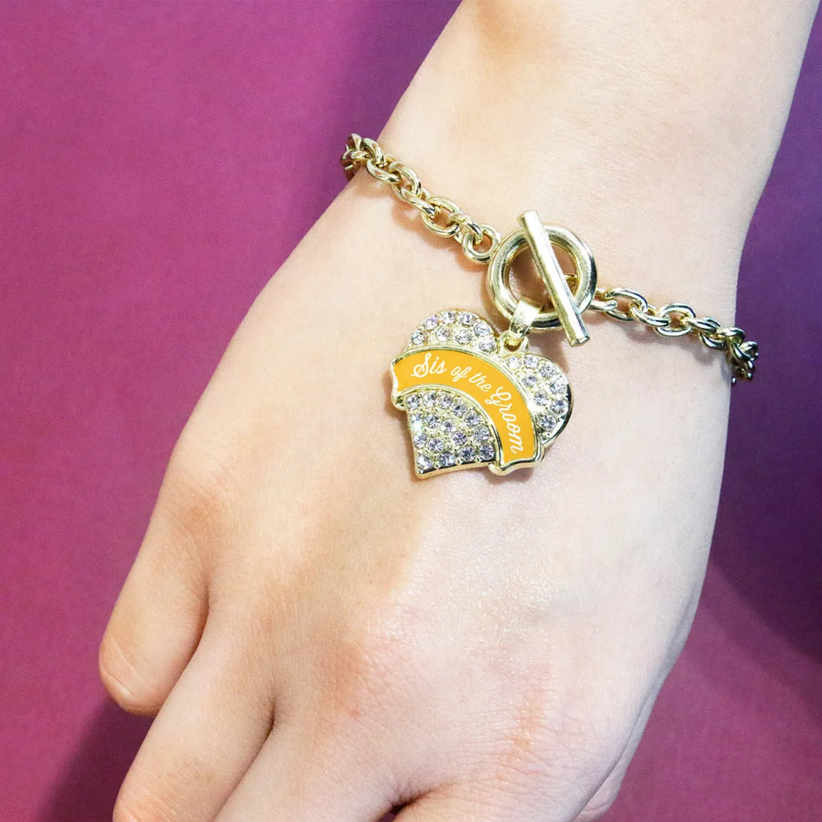 Gold Marigold Sis of the Groom Pave Heart Charm Toggle Bracelet