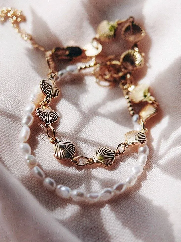 Gold Shell and Pearl Bracelet Set