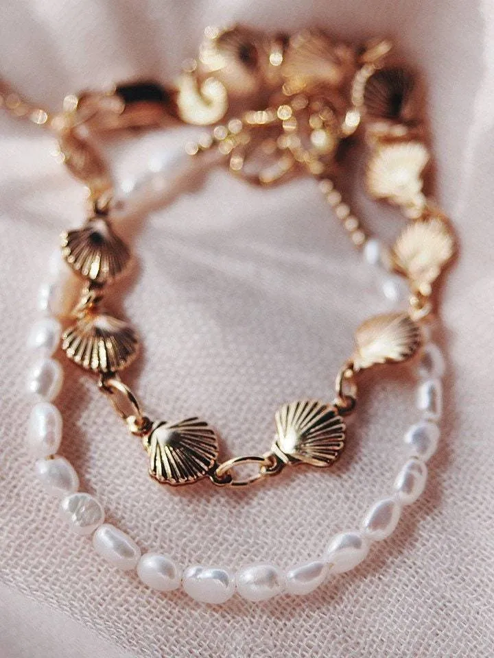 Gold Shell and Pearl Bracelet Set