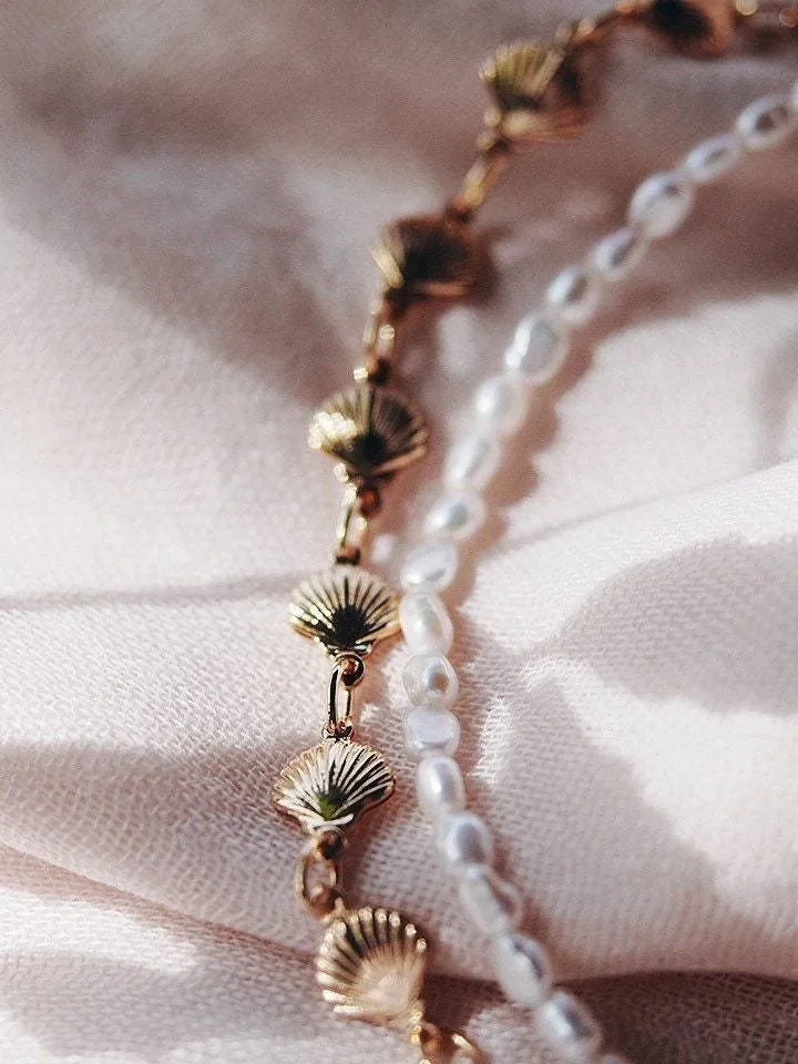 Gold Shell and Pearl Bracelet Set