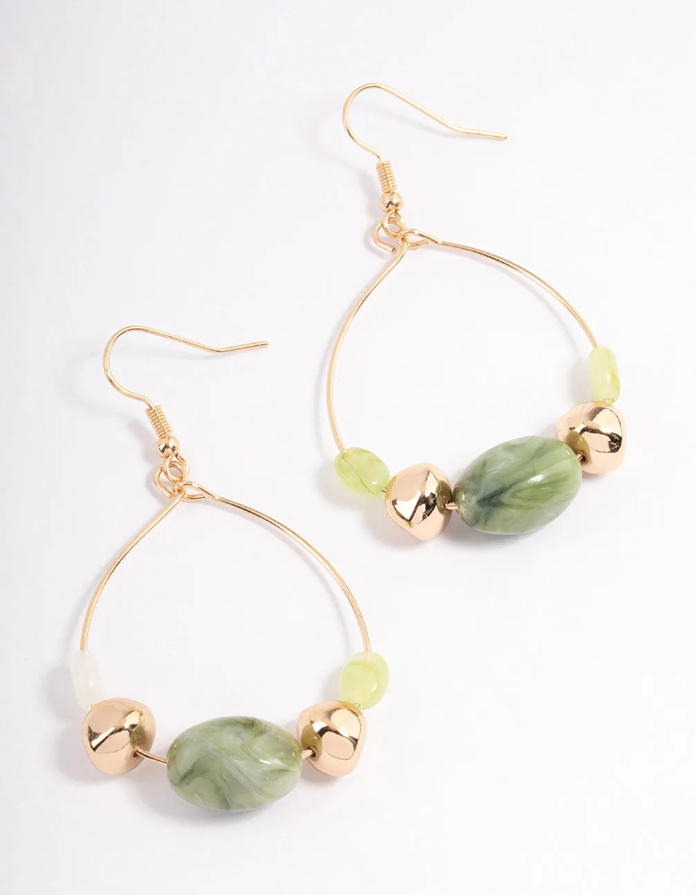 Green Wide Mixed Bead Wire Drop Earrings