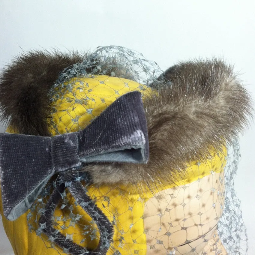 Grey Velvet Bow and Chocolate Mink Cocktail Hat circa 1950s