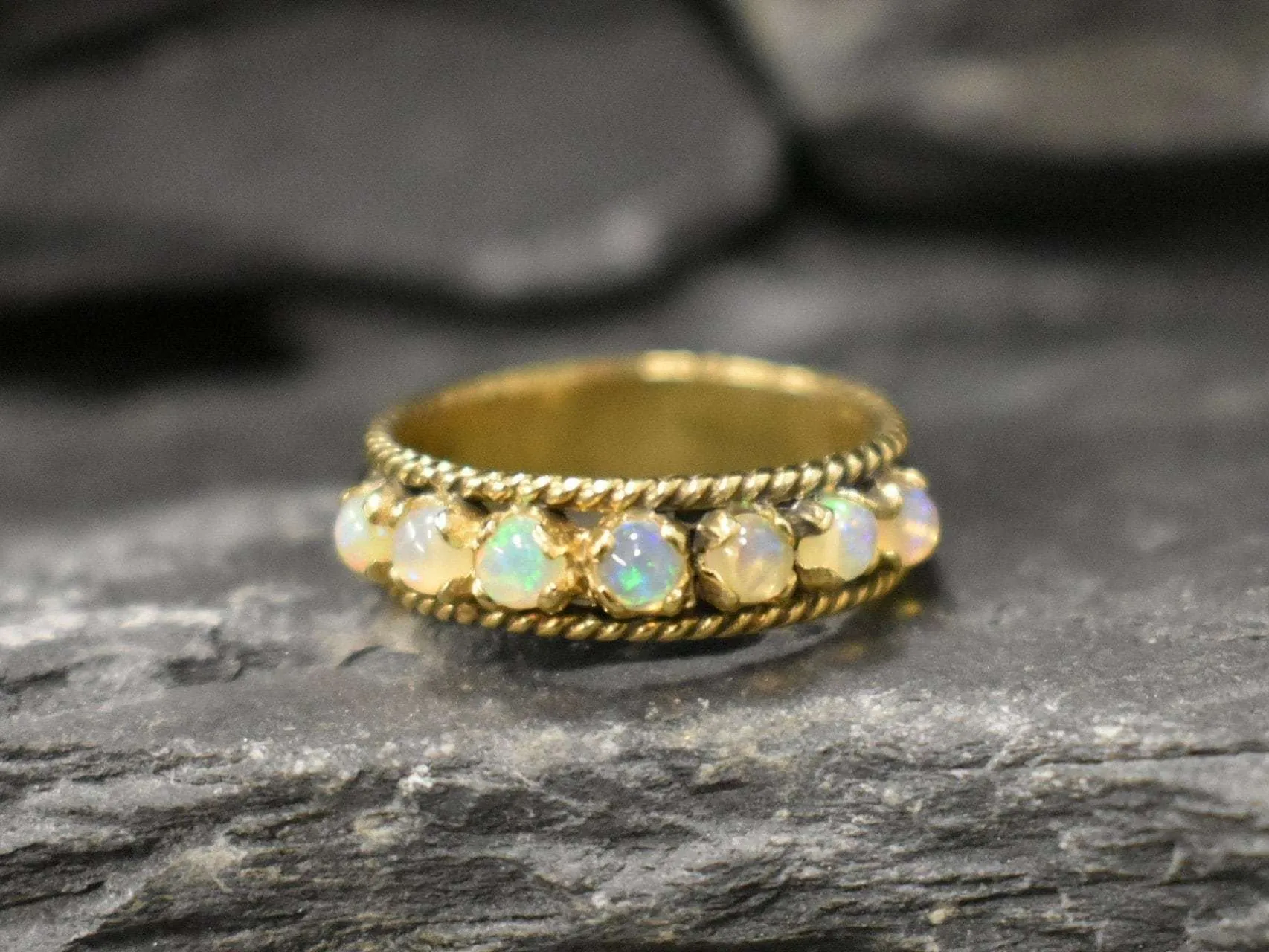 Half Eternity Opal Vintage Ring, Natural Opal Antique Band, Opal Gold Band