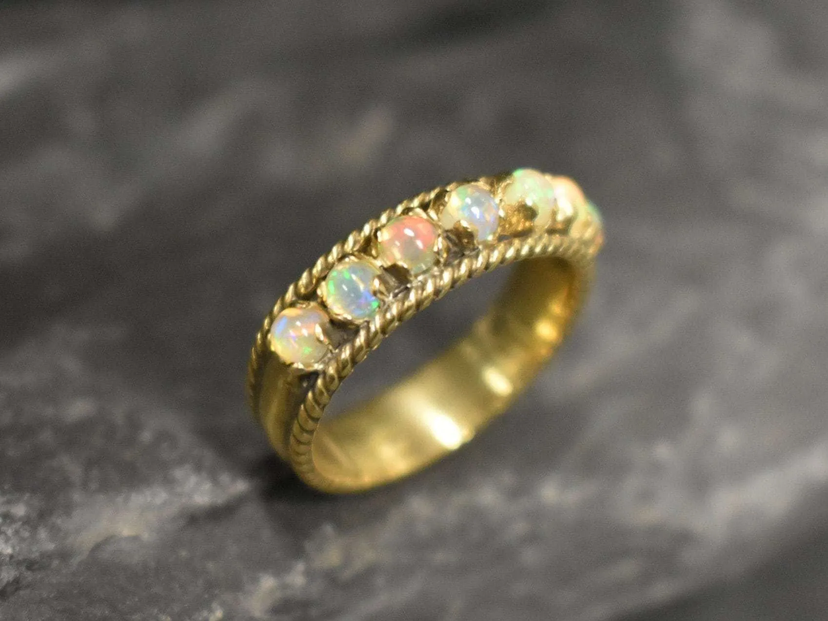 Half Eternity Opal Vintage Ring, Natural Opal Antique Band, Opal Gold Band