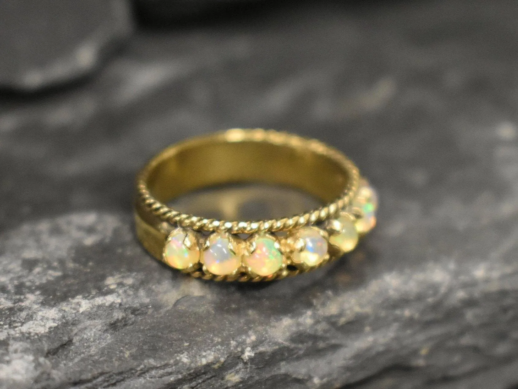 Half Eternity Opal Vintage Ring, Natural Opal Antique Band, Opal Gold Band