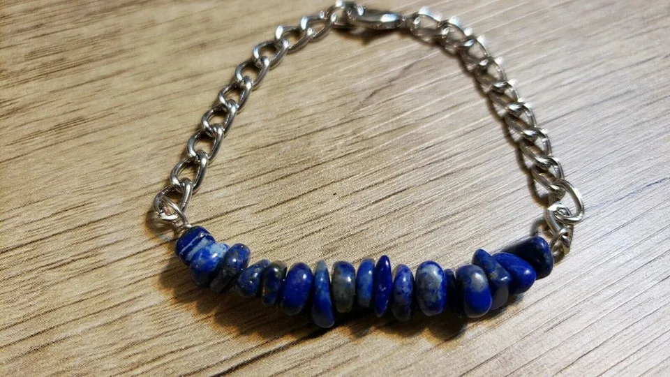 Hand Crafted All Natural Lapis Lazuli Gemstone & Chain Bracelet. Adjustable to 7.75" with Lobster Claw Clasp