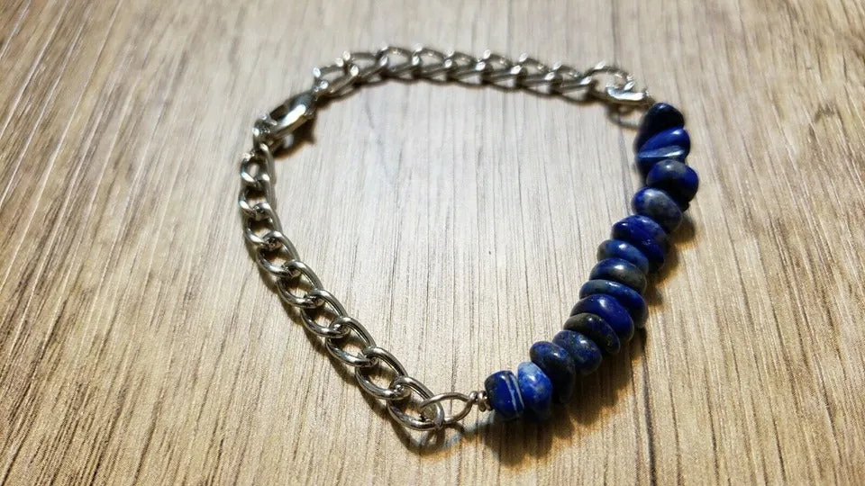 Hand Crafted All Natural Lapis Lazuli Gemstone & Chain Bracelet. Adjustable to 7.75" with Lobster Claw Clasp