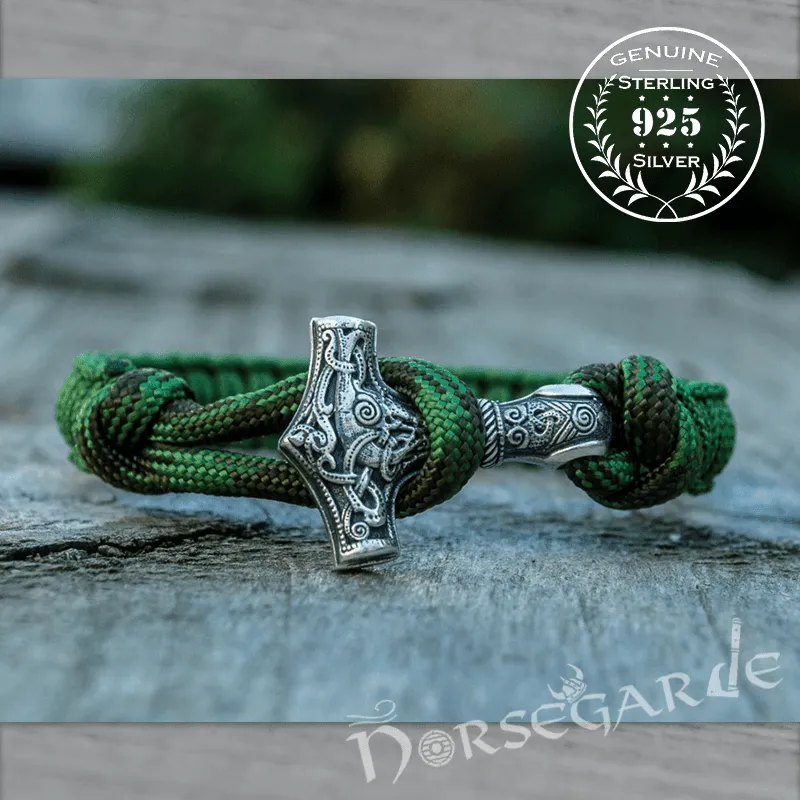 Handcrafted Forest Paracord Bracelet with Mjölnir - Sterling Silver