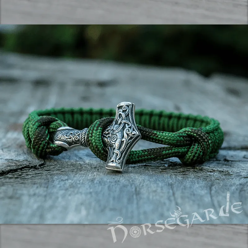 Handcrafted Forest Paracord Bracelet with Mjölnir - Sterling Silver