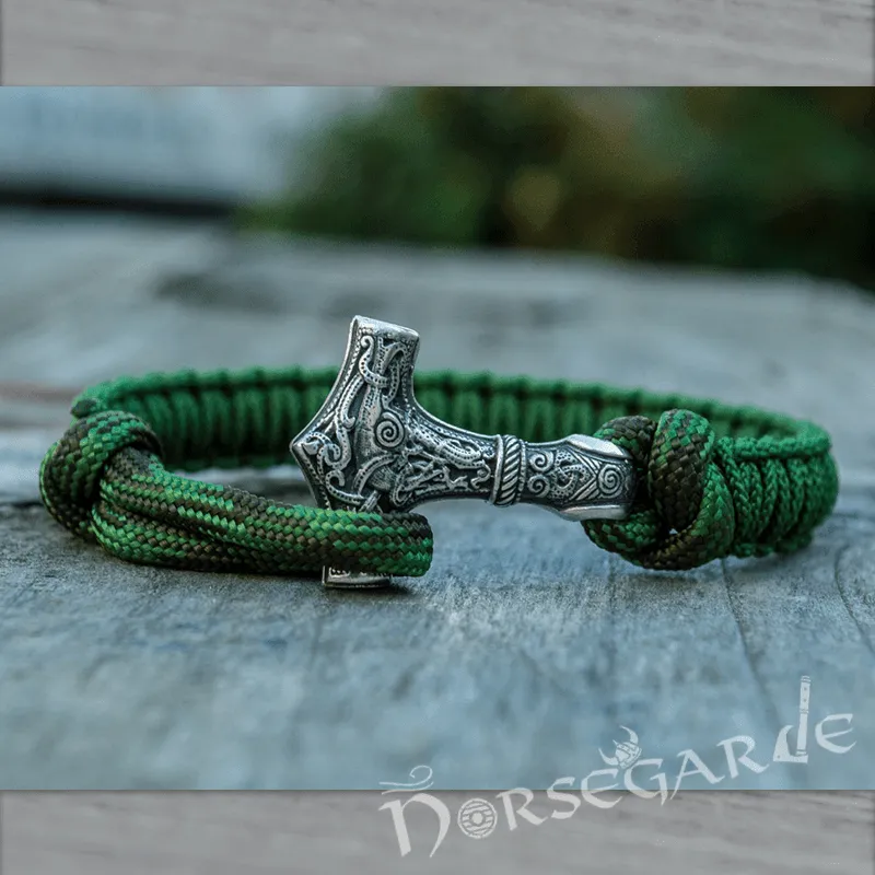 Handcrafted Forest Paracord Bracelet with Mjölnir - Sterling Silver