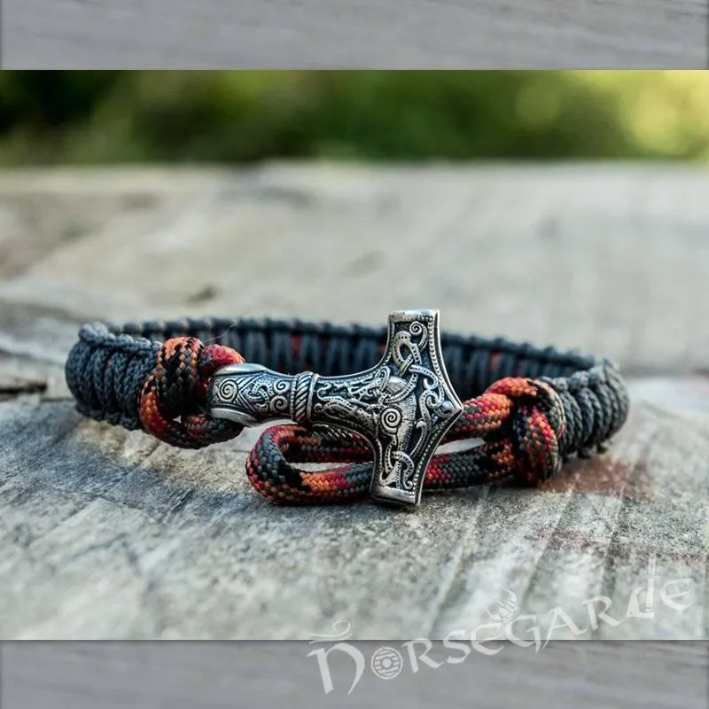 Handcrafted Gray Paracord Bracelet with Mjölnir - Sterling Silver