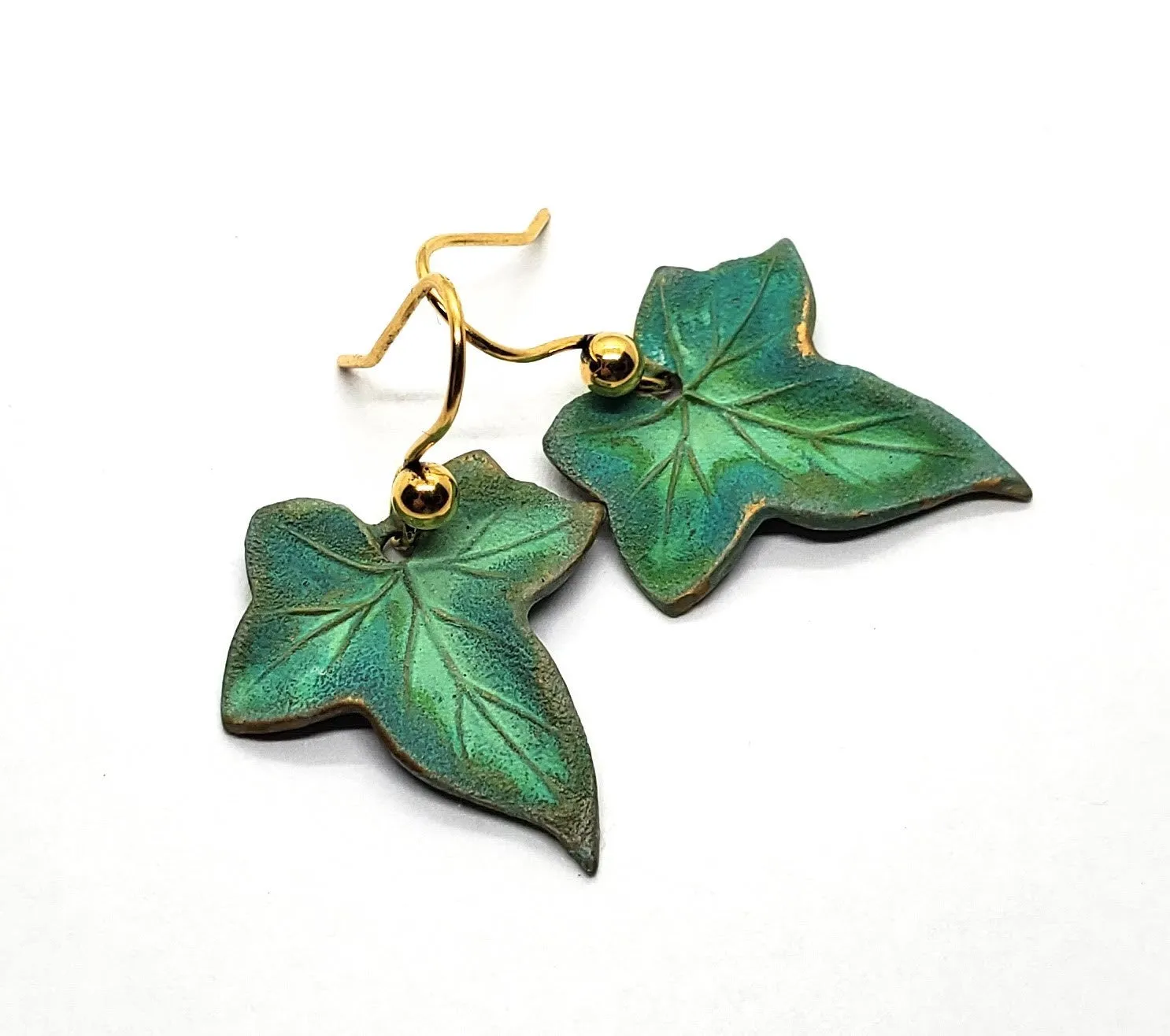 Handmade Verdigris Patina Ivy Leaf Leaves Earrings