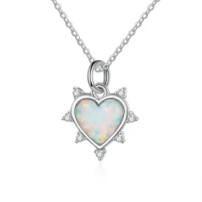 Heart Shape Opal with Small Zircon Sterling Silver Necklace