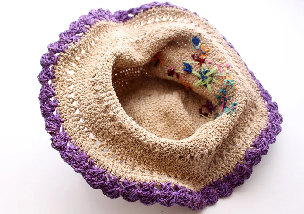 Hemp Hat with Purple Lining and Flower, Earthy Travel Hat, Hemp Tourist Hat