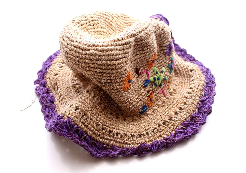 Hemp Hat with Purple Lining and Flower, Earthy Travel Hat, Hemp Tourist Hat