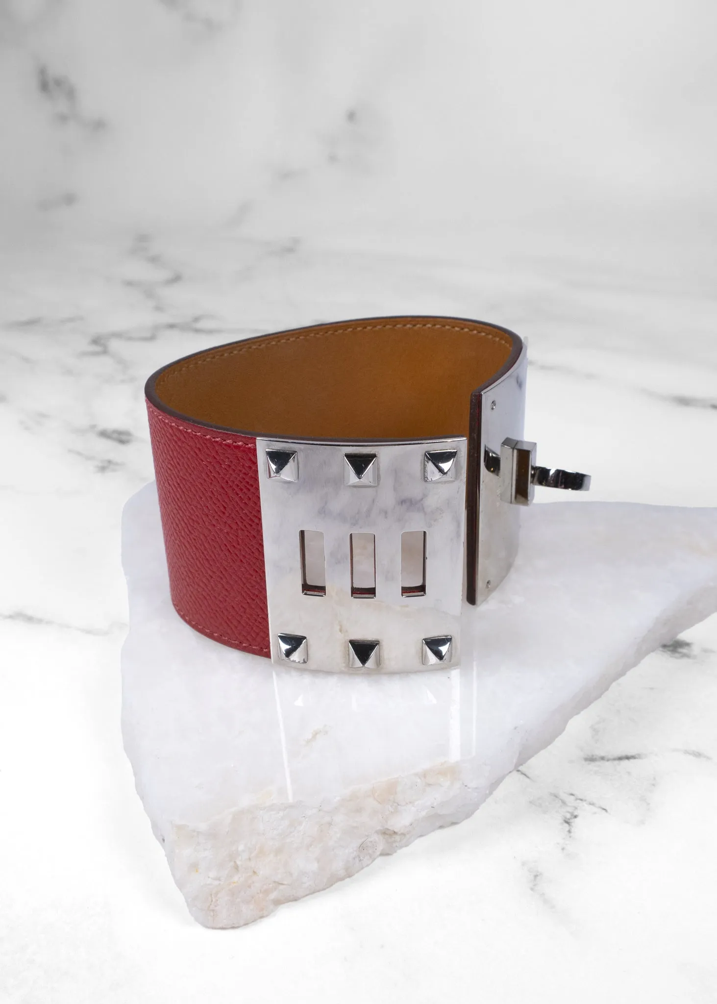 Hermès Vermillion Epsom Leather Palladium Plated Kelly Dog Extreme Bracelet