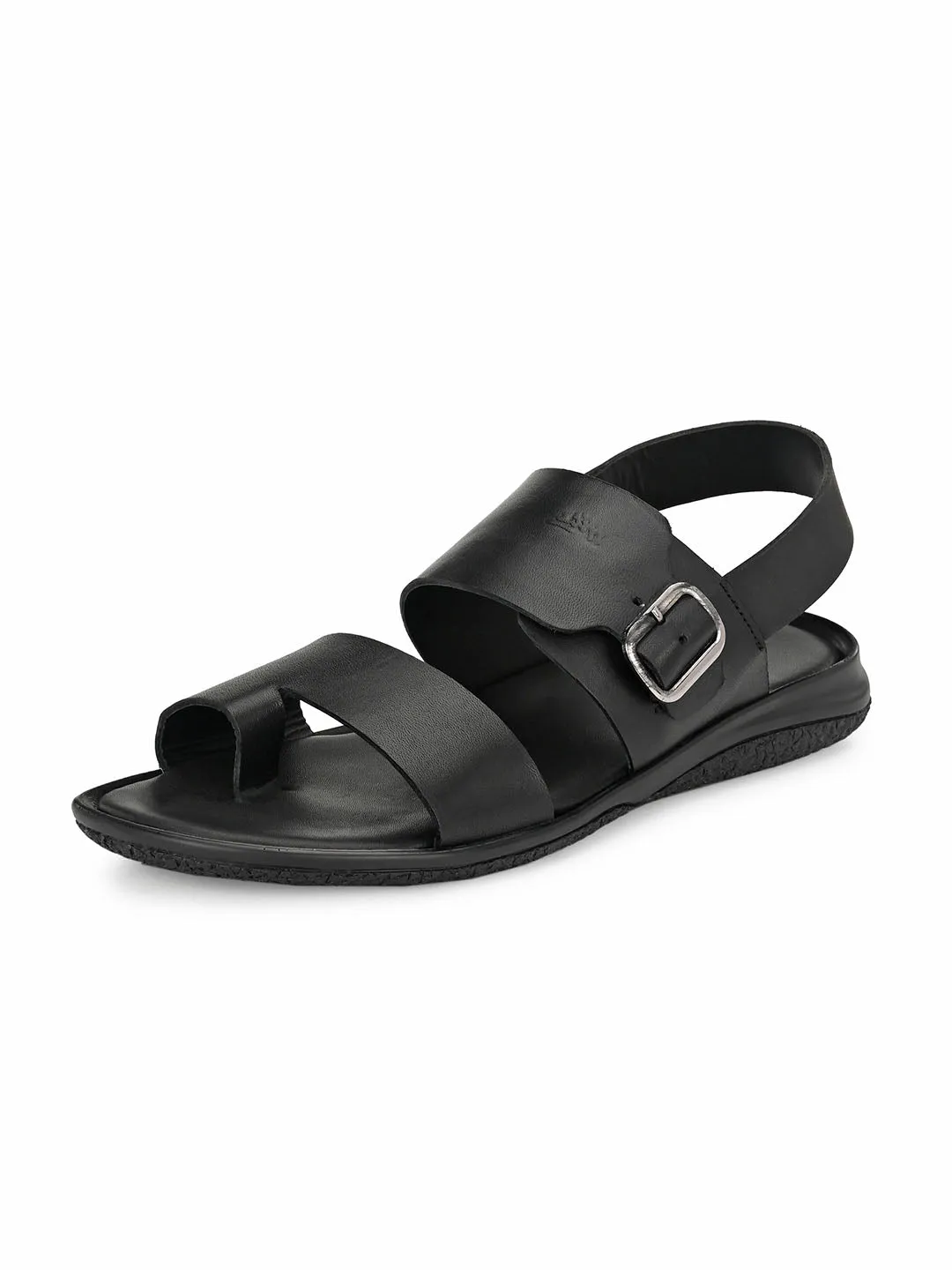 Hitz Men's Black Leather Toe Ring Sandals with Buckle Closure