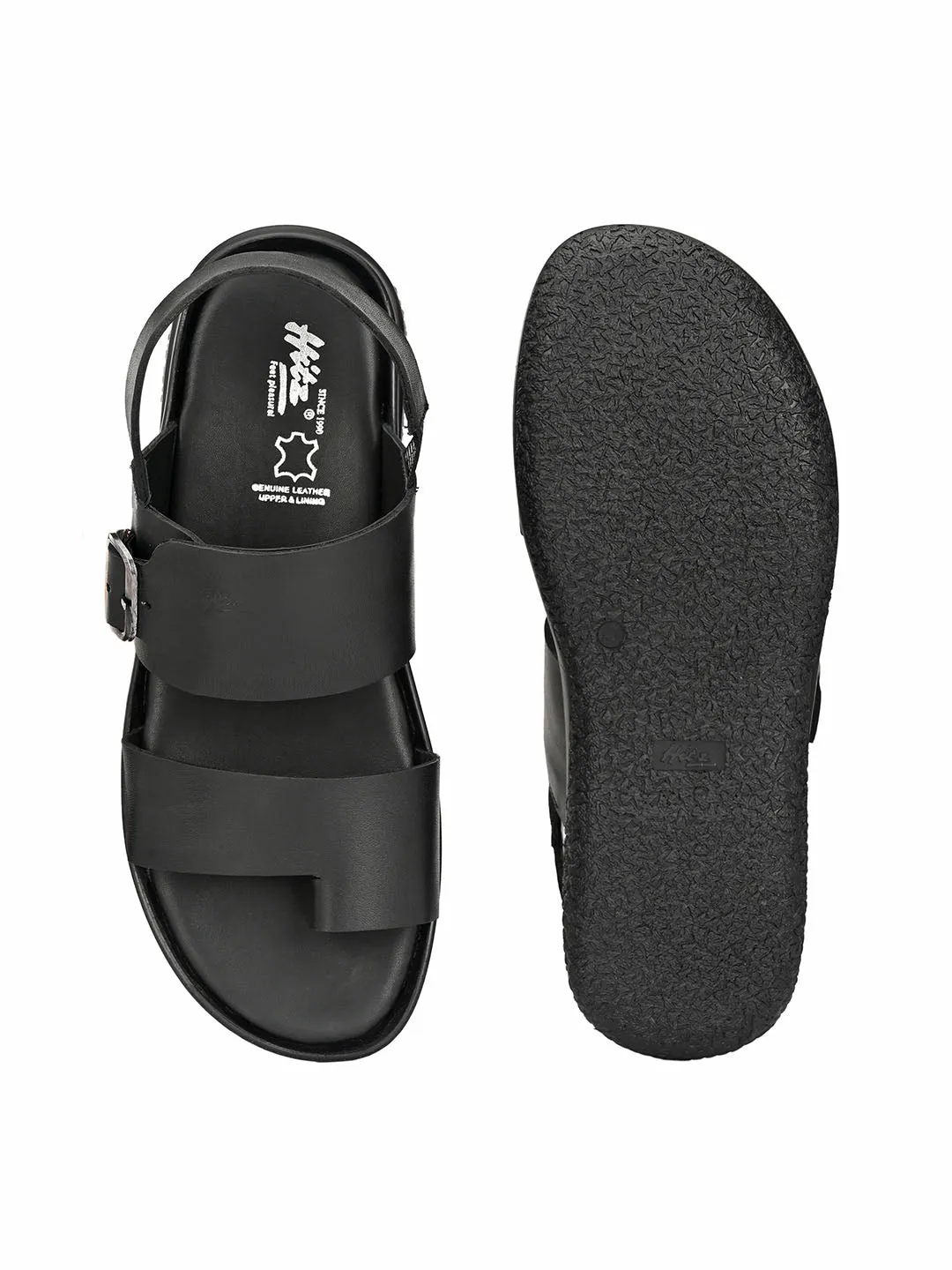 Hitz Men's Black Leather Toe Ring Sandals with Buckle Closure