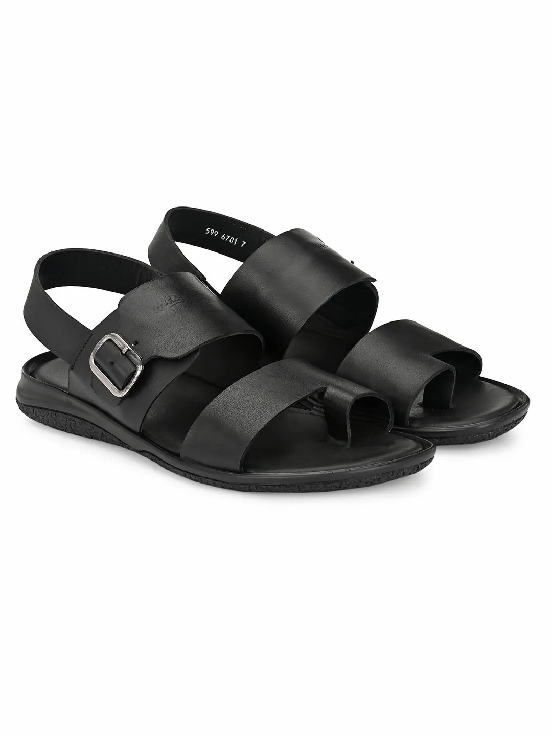 Hitz Men's Black Leather Toe Ring Sandals with Buckle Closure