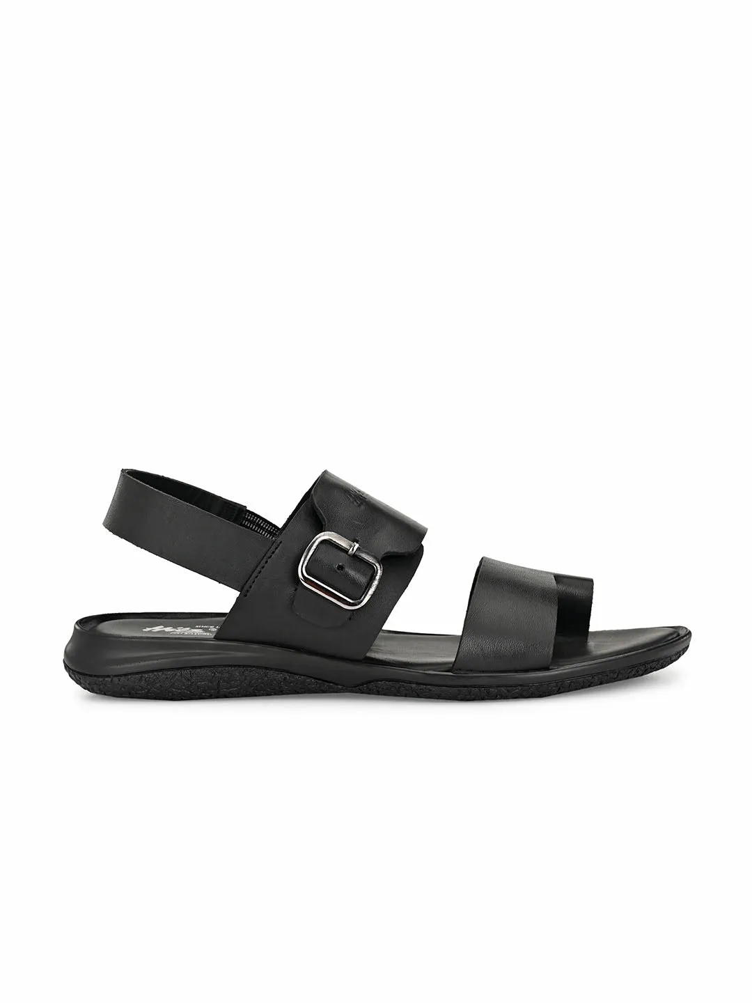 Hitz Men's Black Leather Toe Ring Sandals with Buckle Closure