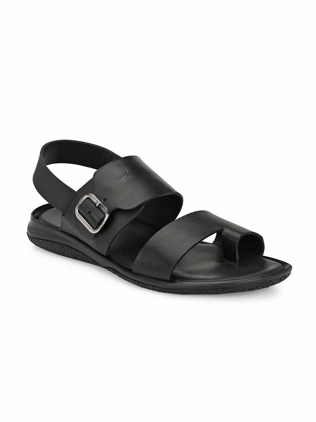 Hitz Men's Black Leather Toe Ring Sandals with Buckle Closure