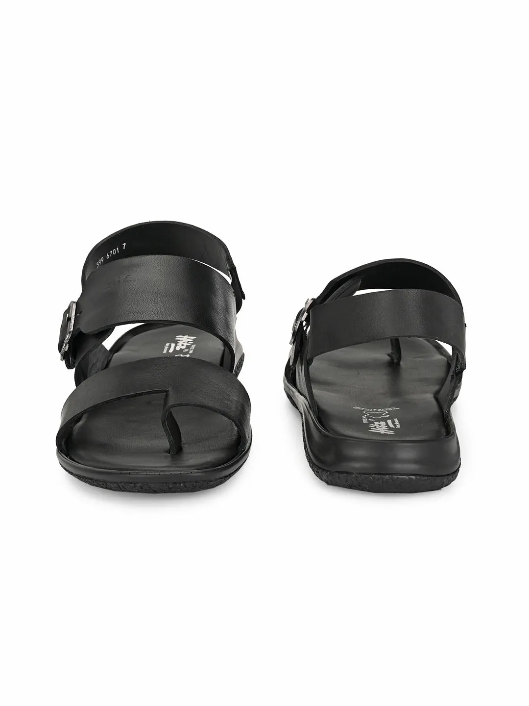 Hitz Men's Black Leather Toe Ring Sandals with Buckle Closure