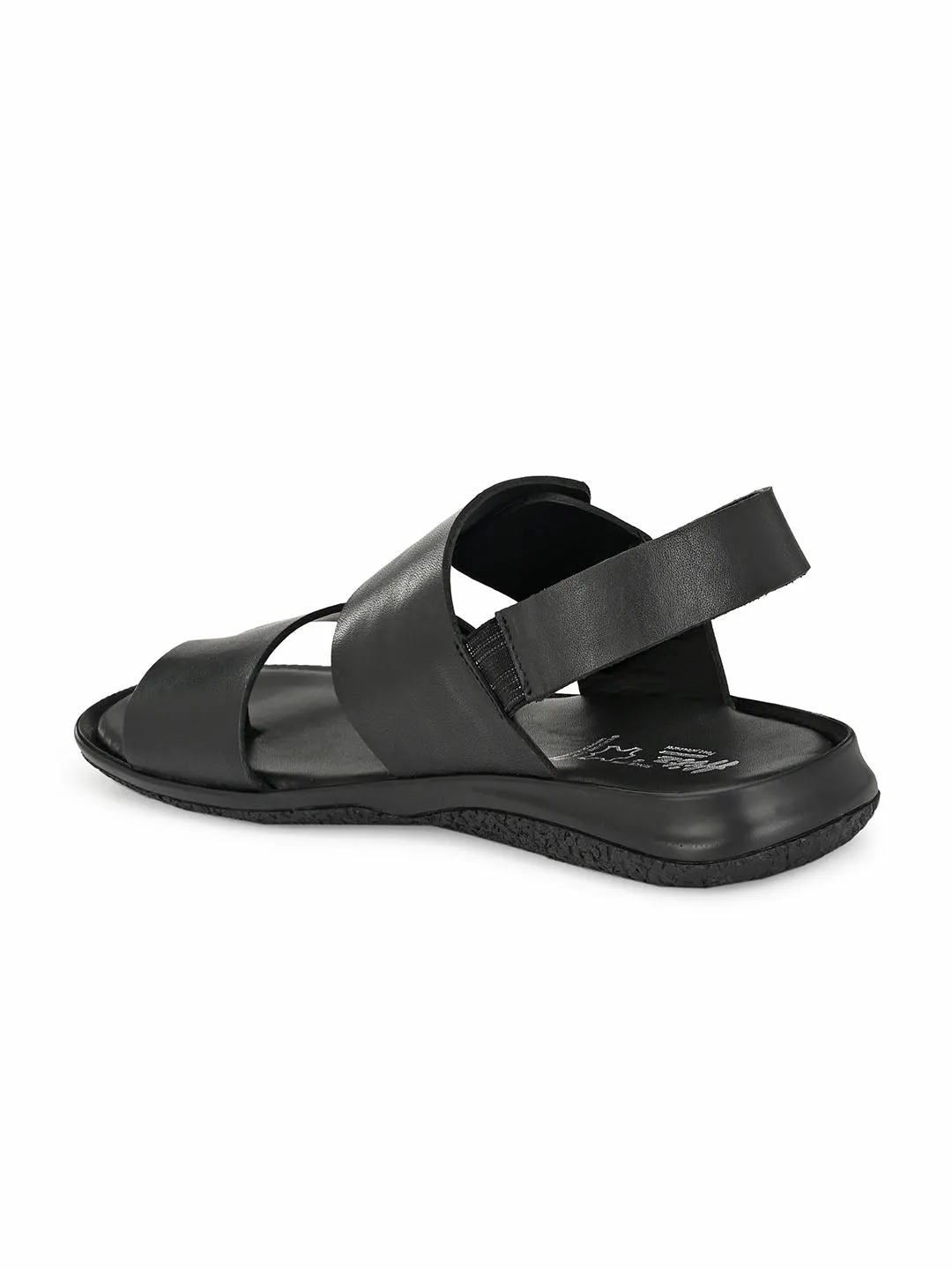 Hitz Men's Black Leather Toe Ring Sandals with Buckle Closure