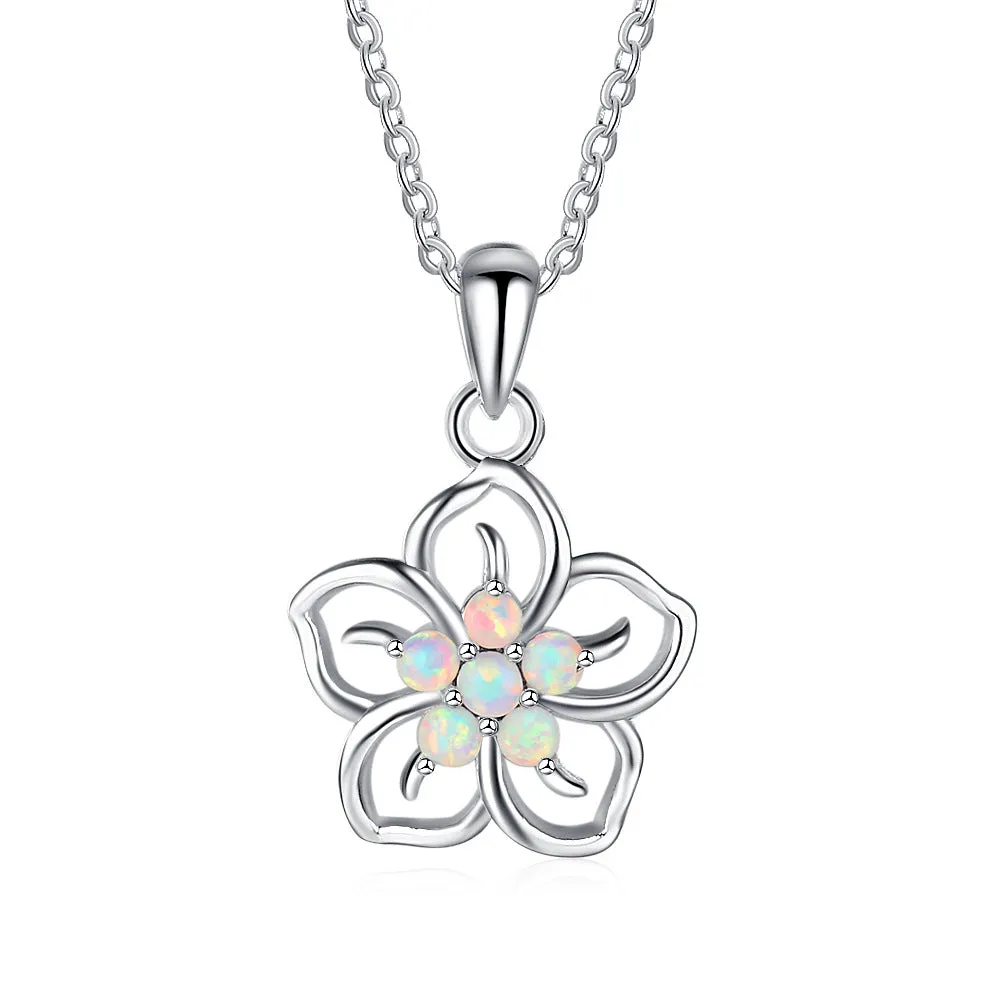 Hollow Plum Blossom Five Round Opal Sterling Silver Necklace