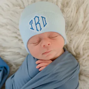 ilybean Boy's Monogram Personalized Shadow Stitch Blue or White Hospital Newborn Hospital Hat Nursery Beanie