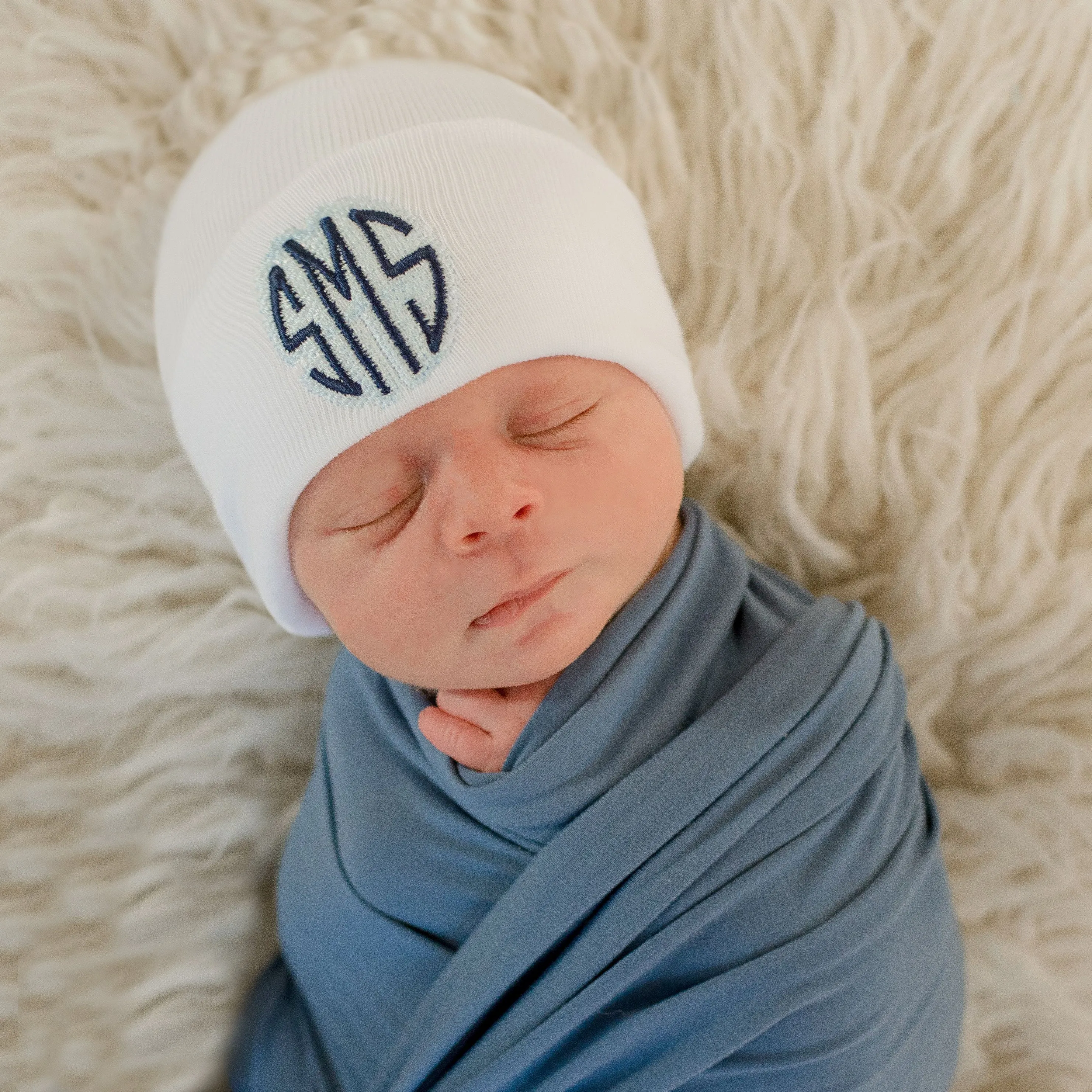 ilybean Boy's Monogram Personalized Shadow Stitch Blue or White Hospital Newborn Hospital Hat Nursery Beanie