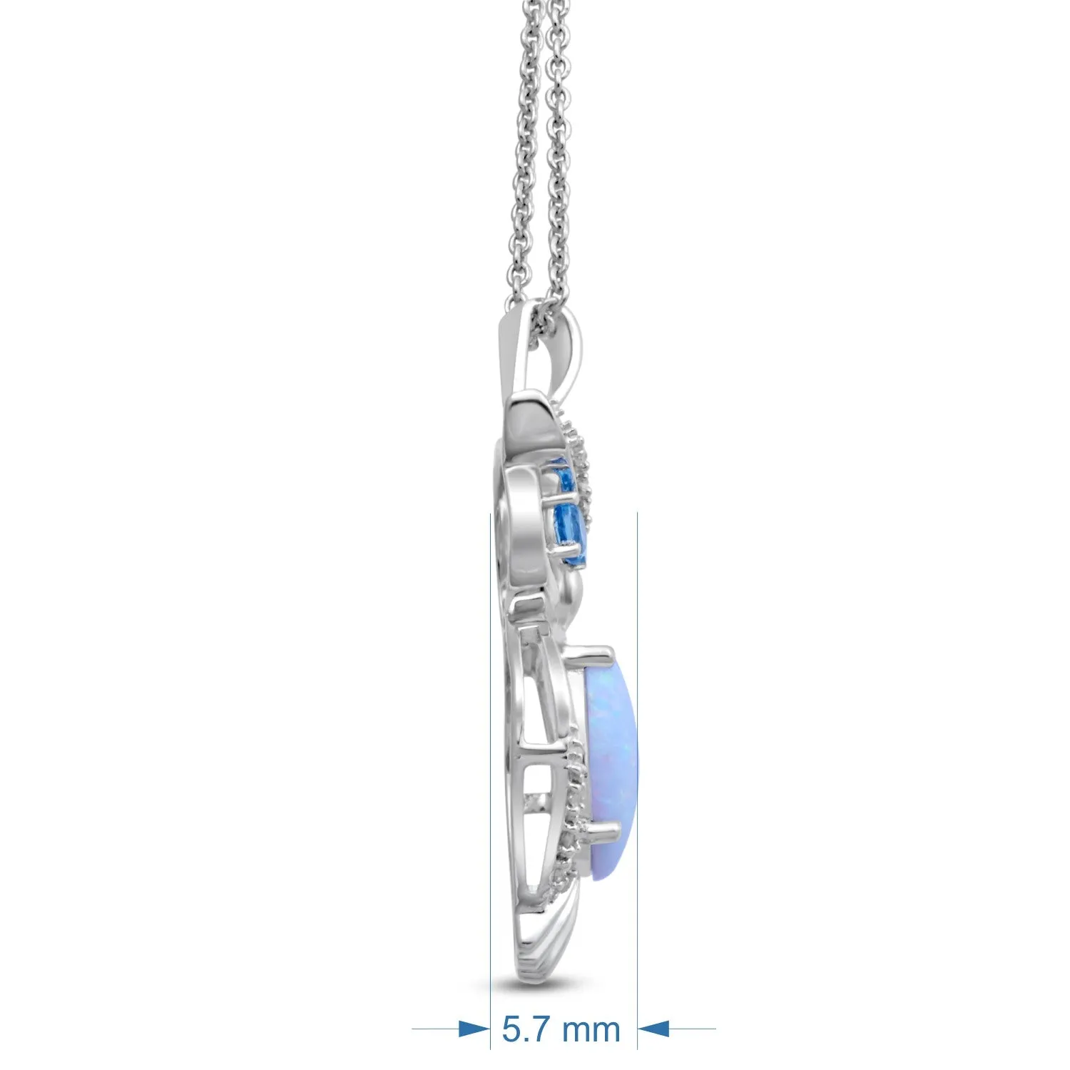 Jewelili Sterling Silver Created Opal With Swiss Blue Topaz and White Diamonds Pendant Necklace