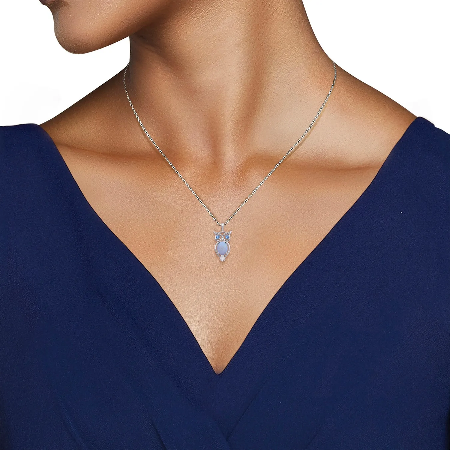 Jewelili Sterling Silver Created Opal With Swiss Blue Topaz and White Diamonds Pendant Necklace