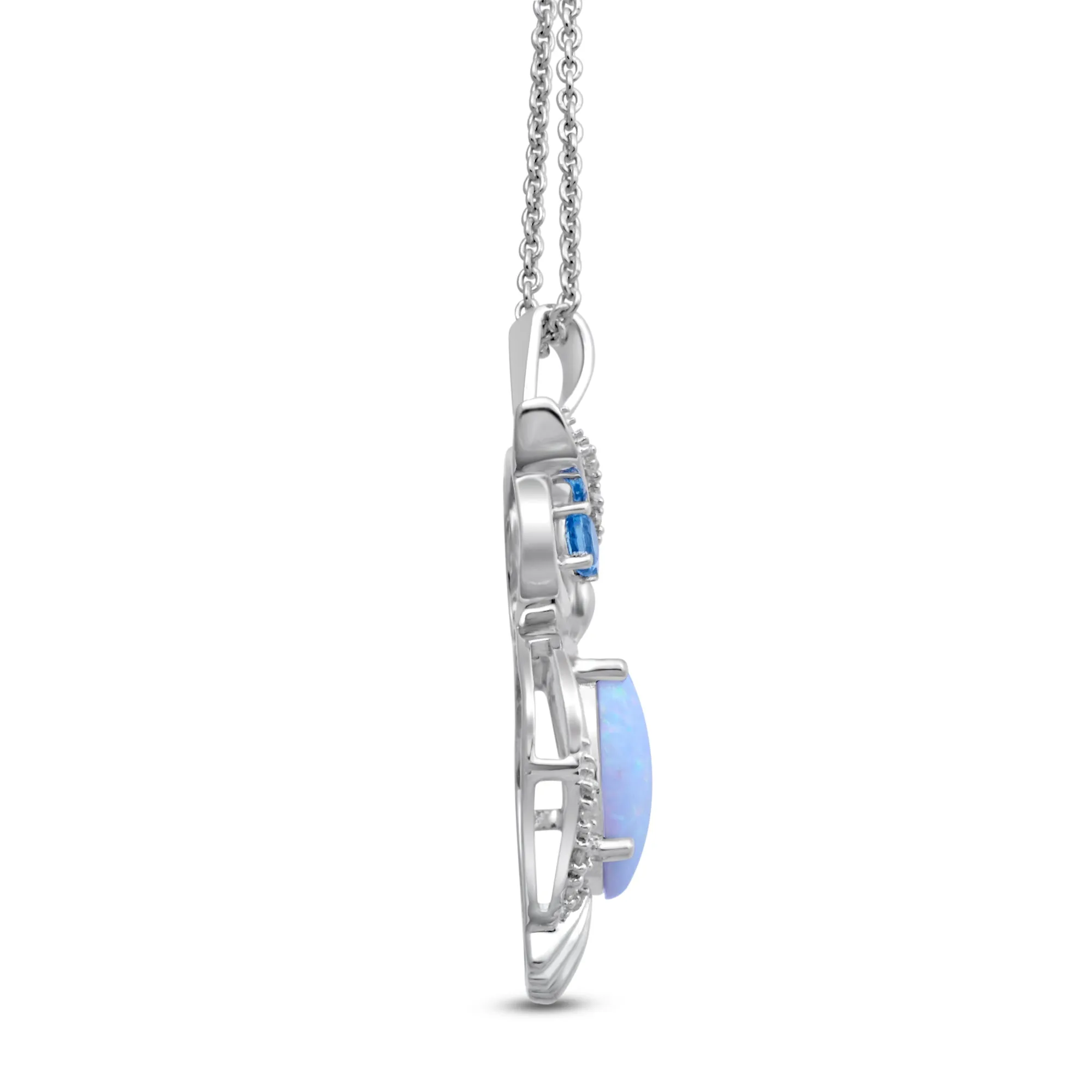 Jewelili Sterling Silver Created Opal With Swiss Blue Topaz and White Diamonds Pendant Necklace