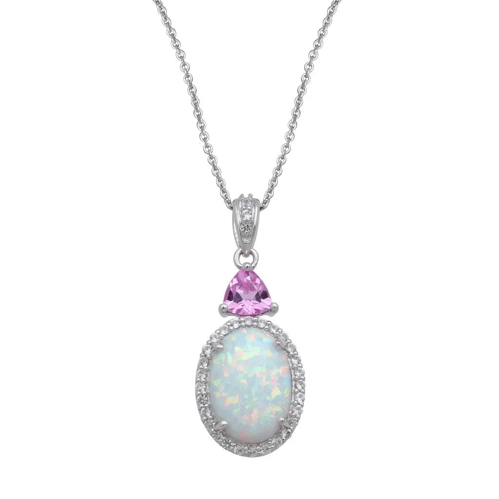 Jewelili Sterling Silver with Cabochon Oval Created Opal with Trill Created Pink Sapphire and Round Created White Sapphire Pendant Necklace