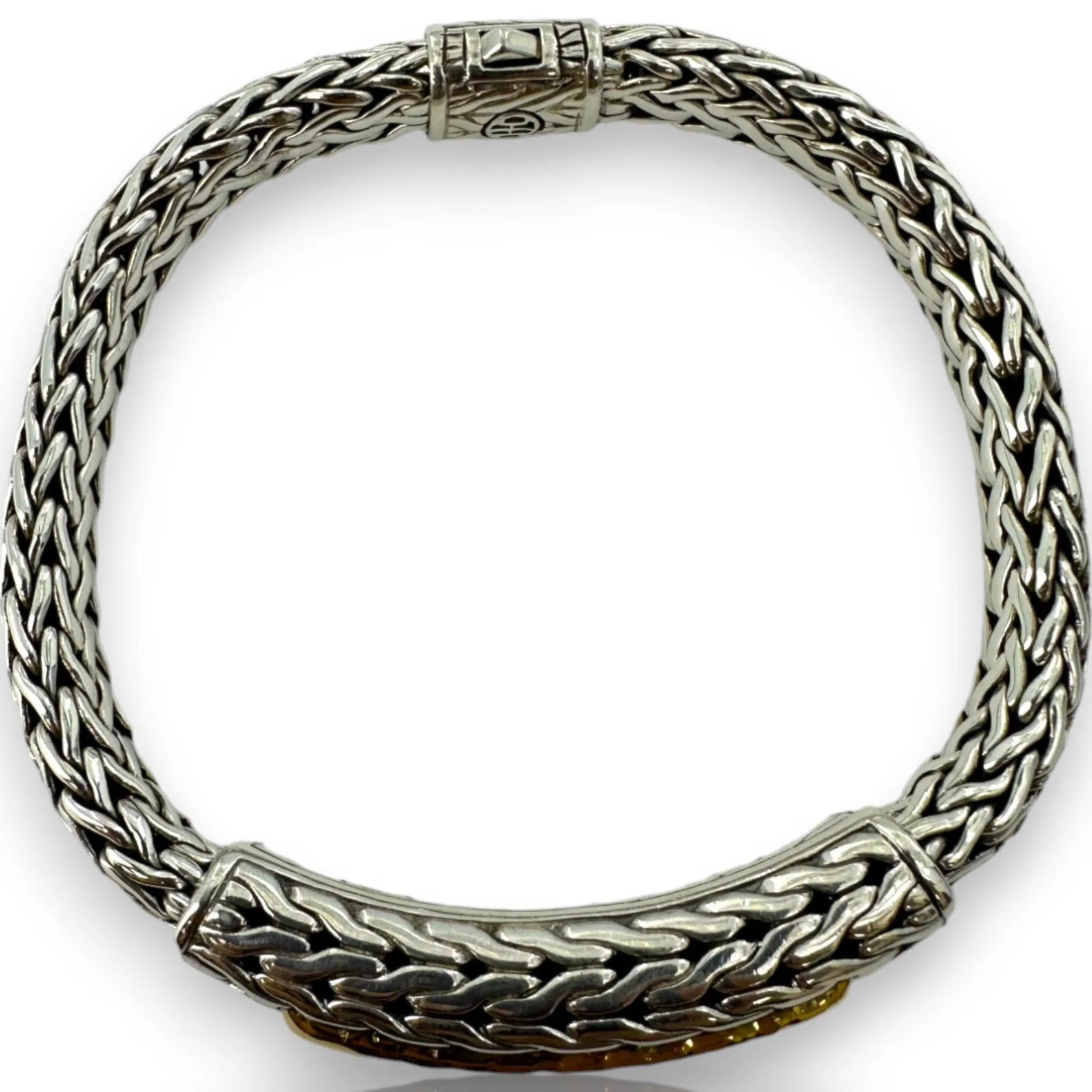 John Hardy Palu Solid 925 Sterling Silver and Hammered 22k Yellow Gold 7.5mm ID Bracelet Length 7.5"