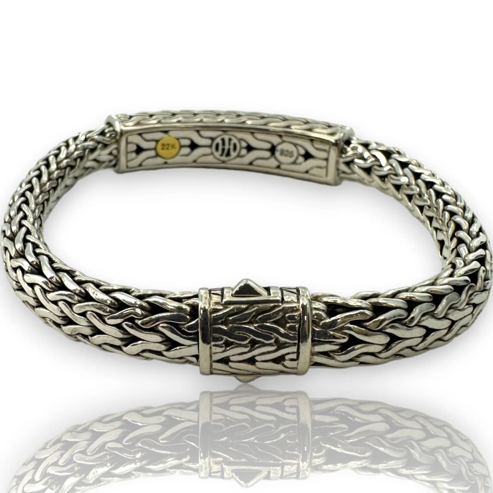 John Hardy Palu Solid 925 Sterling Silver and Hammered 22k Yellow Gold 7.5mm ID Bracelet Length 7.5"