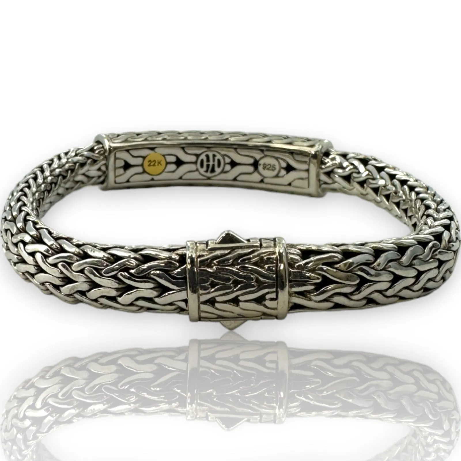 John Hardy Palu Solid 925 Sterling Silver and Hammered 22k Yellow Gold 7.5mm ID Bracelet Length 7.5"