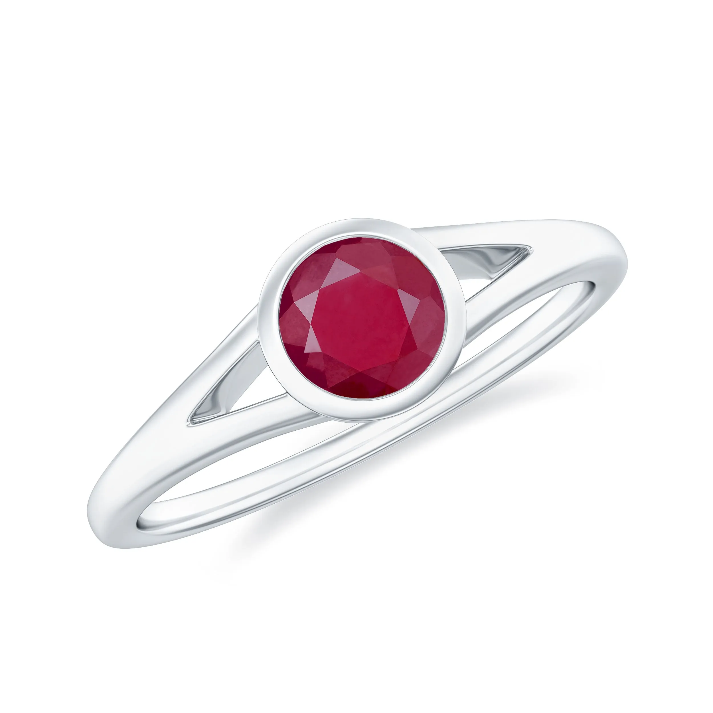 July Birthstone 5 MM Ruby Solitaire Ring in Bezel Setting with Split Shank