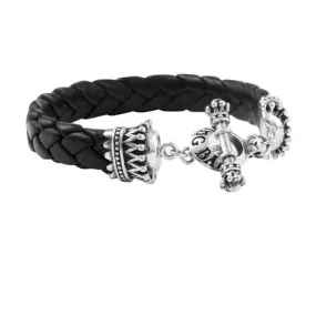 King Baby Small Black Leather Bracelet With Crown and Toggle in Sterling Silver