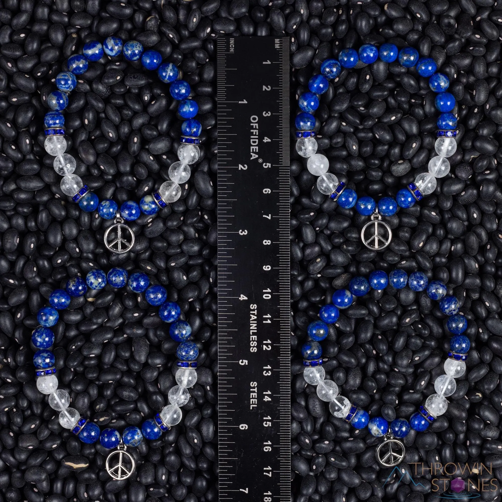 LAPIS LAZULI & Clear QUARTZ Crystal Bracelet with Peace Sign Charm - Beaded Gemstone Handmade Jewelry Gift for Her, E2199