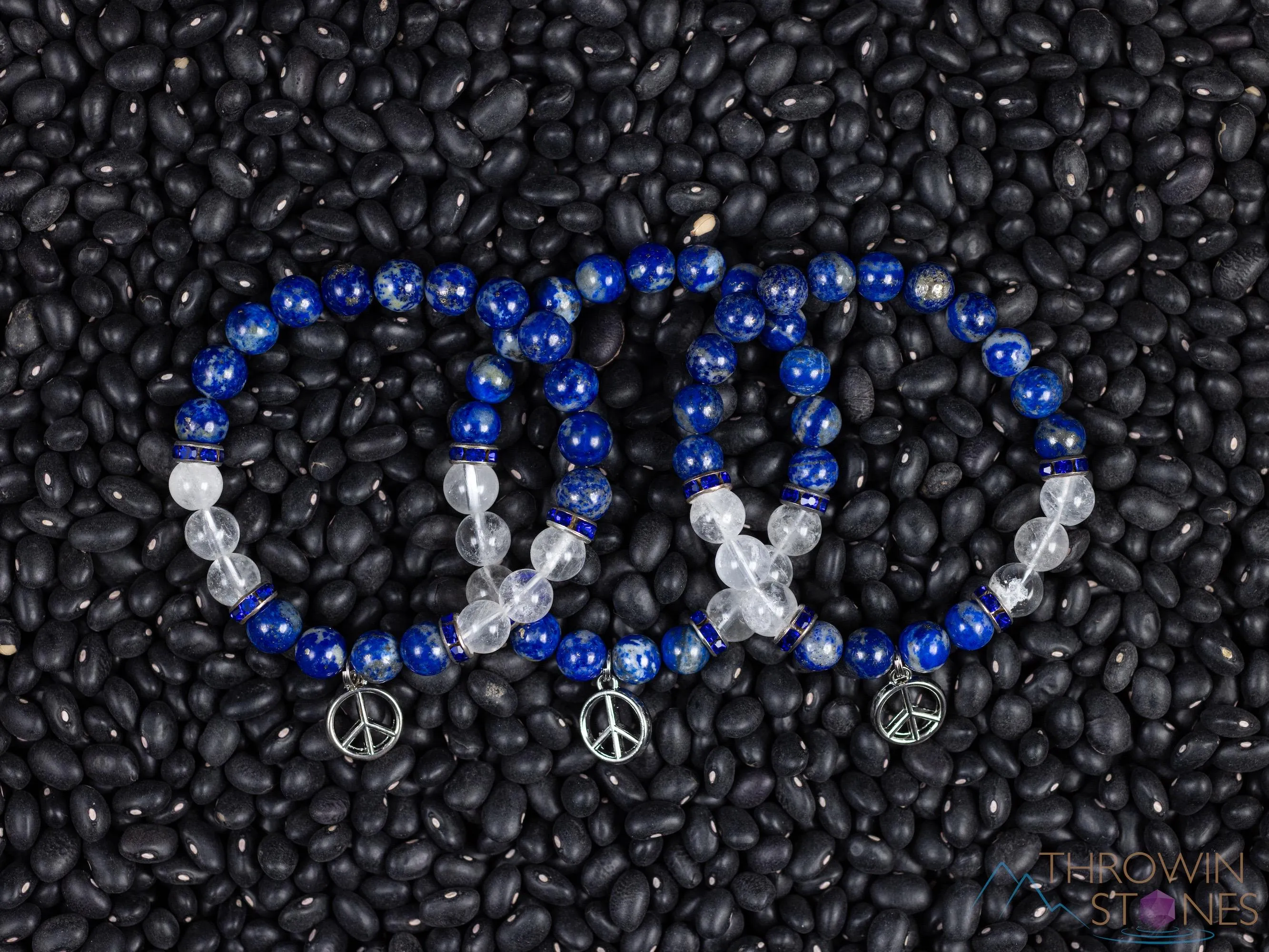 LAPIS LAZULI & Clear QUARTZ Crystal Bracelet with Peace Sign Charm - Beaded Gemstone Handmade Jewelry Gift for Her, E2199