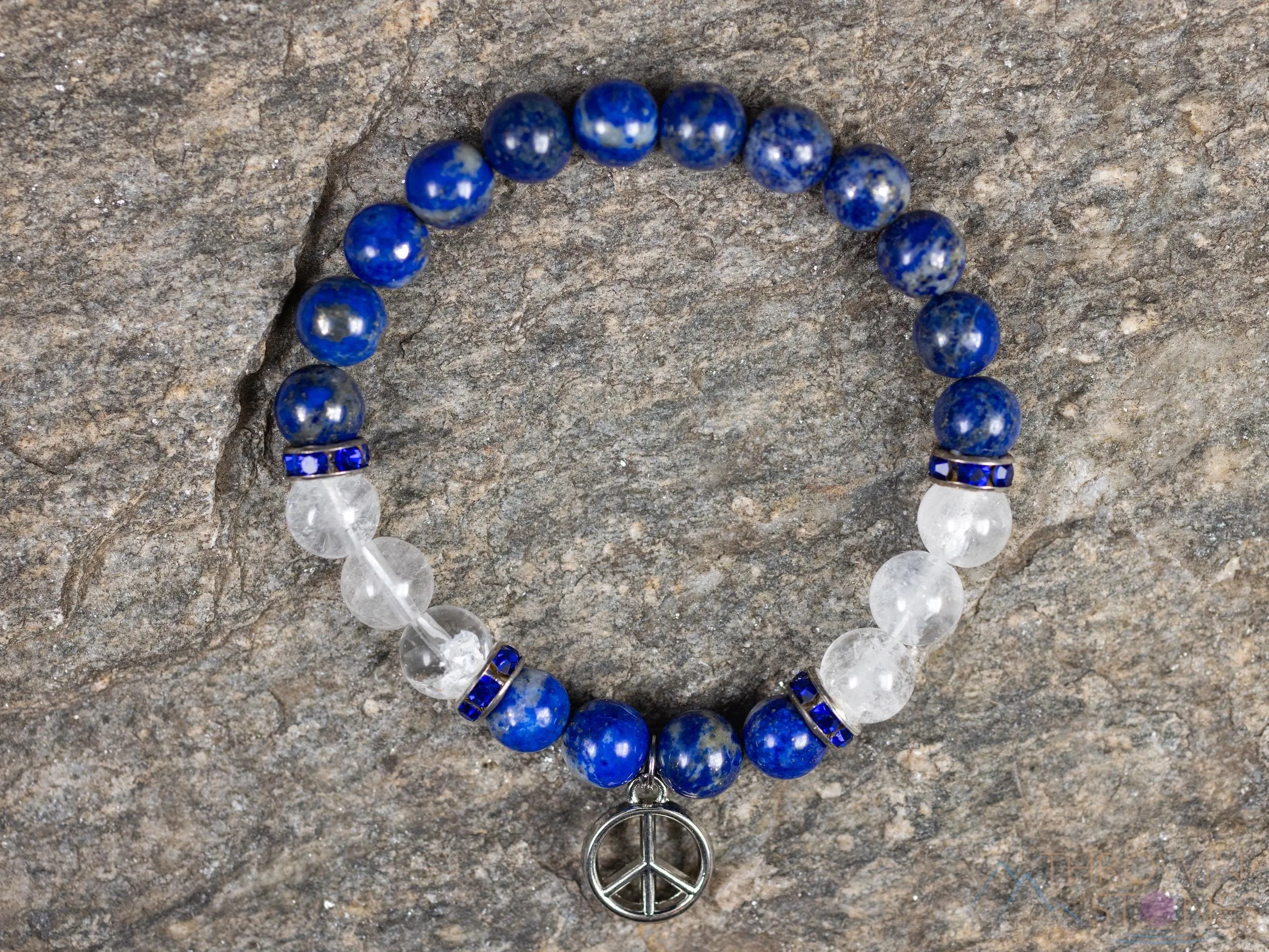 LAPIS LAZULI & Clear QUARTZ Crystal Bracelet with Peace Sign Charm - Beaded Gemstone Handmade Jewelry Gift for Her, E2199